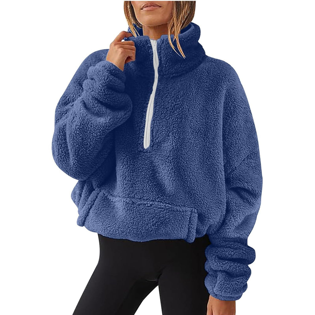 Teddy Fleece Jacket Women 2026 Fashion Half Zip Crop Long Sleeve Stand Collar Fleece Tunic Tops Blouse Zip Up Double Jumpers Loose Fit Casual Fluffy Pullover Tops Sweatshirts Fall Winter Warm Coats