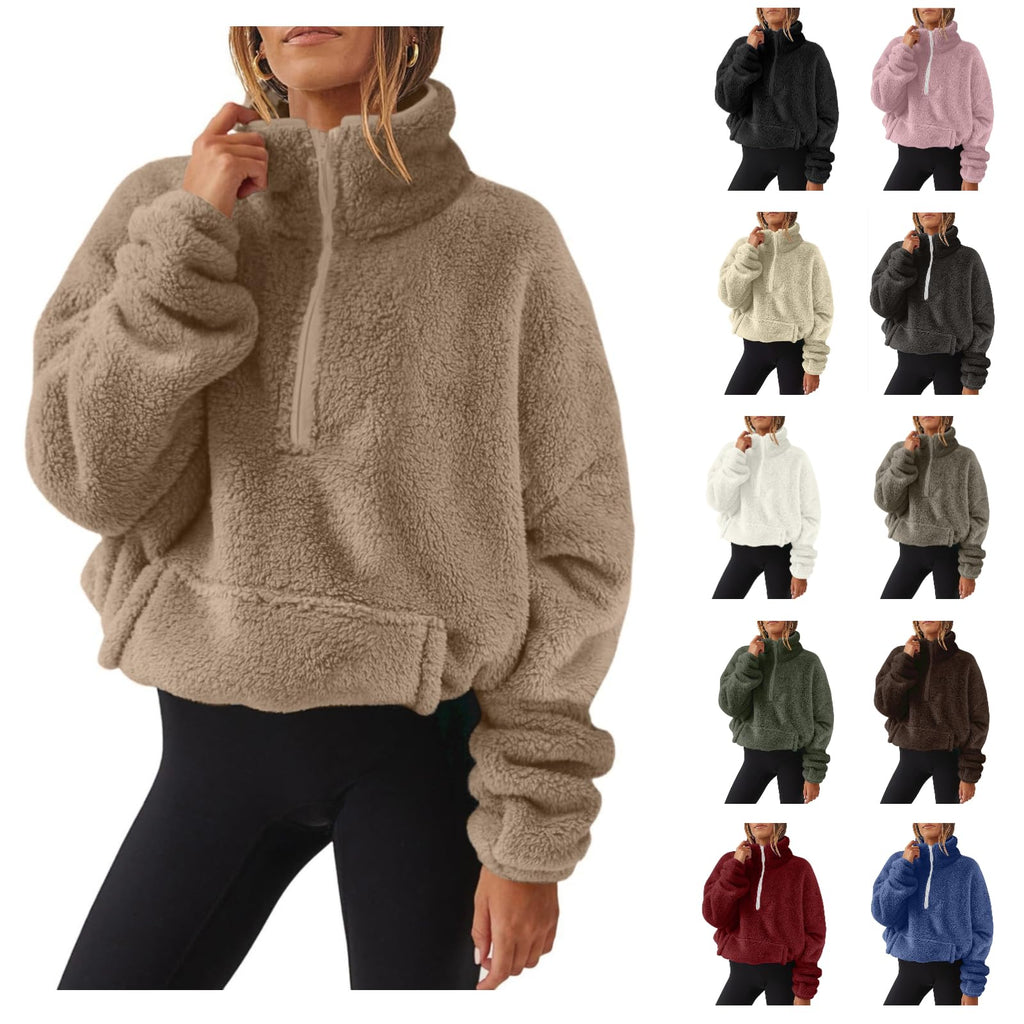 Teddy Fleece Jacket Women 2026 Fashion Half Zip Crop Long Sleeve Stand Collar Fleece Tunic Tops Blouse Zip Up Double Jumpers Loose Fit Casual Fluffy Pullover Tops Sweatshirts Fall Winter Warm Coats