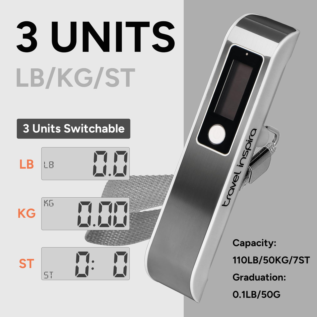 travel inspira Digital Luggage Scale – Portable Hanging Suitcase Weight Scale for Travel, 110 lb Capacity, Backlit LCD Display, Prevents Airport Overweight Fees, Battery Included