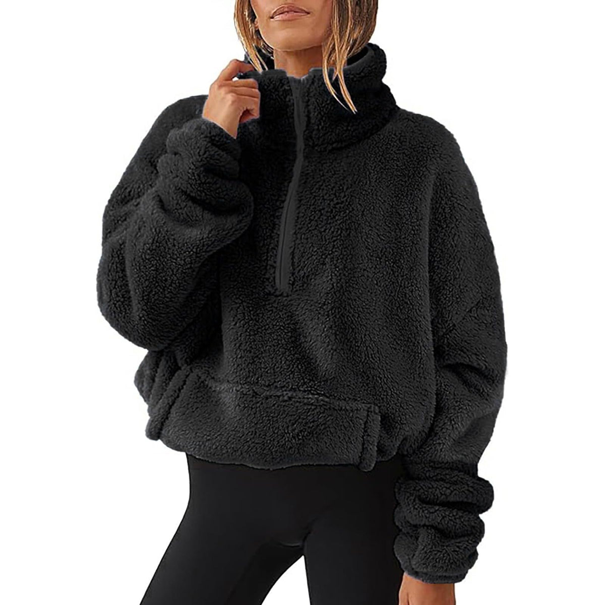 Teddy Fleece Jacket Women 2026 Fashion Half Zip Crop Long Sleeve Stand Collar Fleece Tunic Tops Blouse Zip Up Double Jumpers Loose Fit Casual Fluffy Pullover Tops Sweatshirts Fall Winter Warm Coats