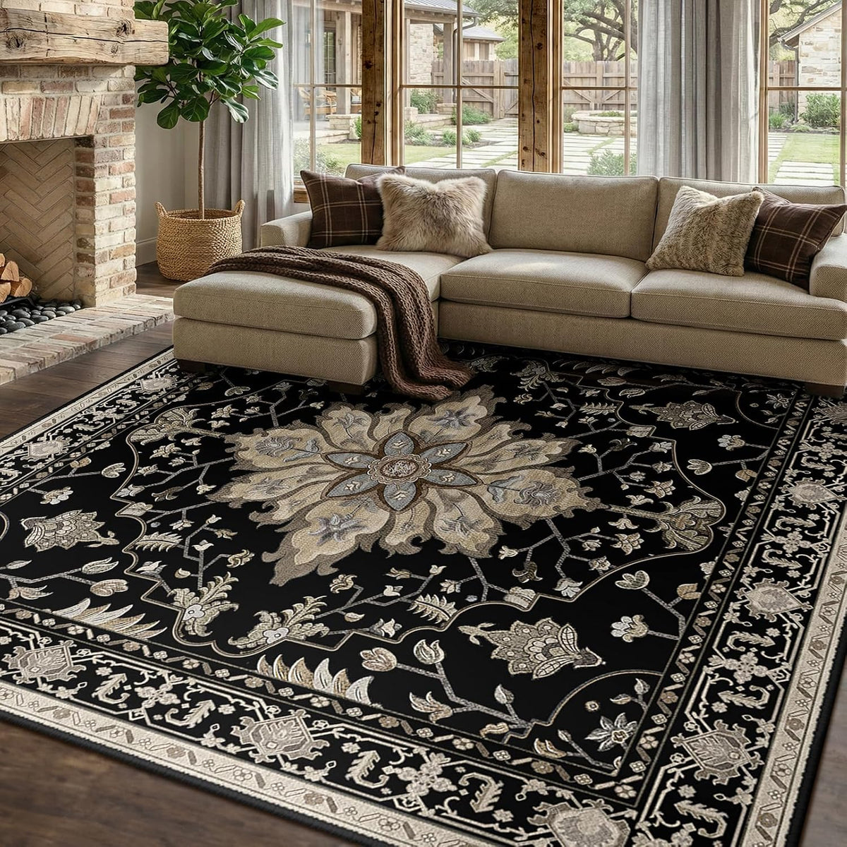 RELEANY Washable Area Rug, Round 10ft, Beige/Blue/Orange