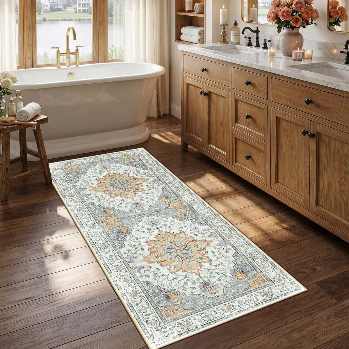 RELEANY Washable Area Rug, Round 10ft, Beige/Blue/Orange