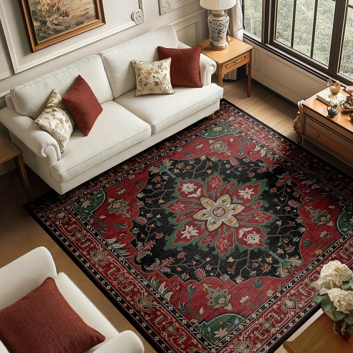 RELEANY Washable Area Rug, Round 10ft, Beige/Blue/Orange