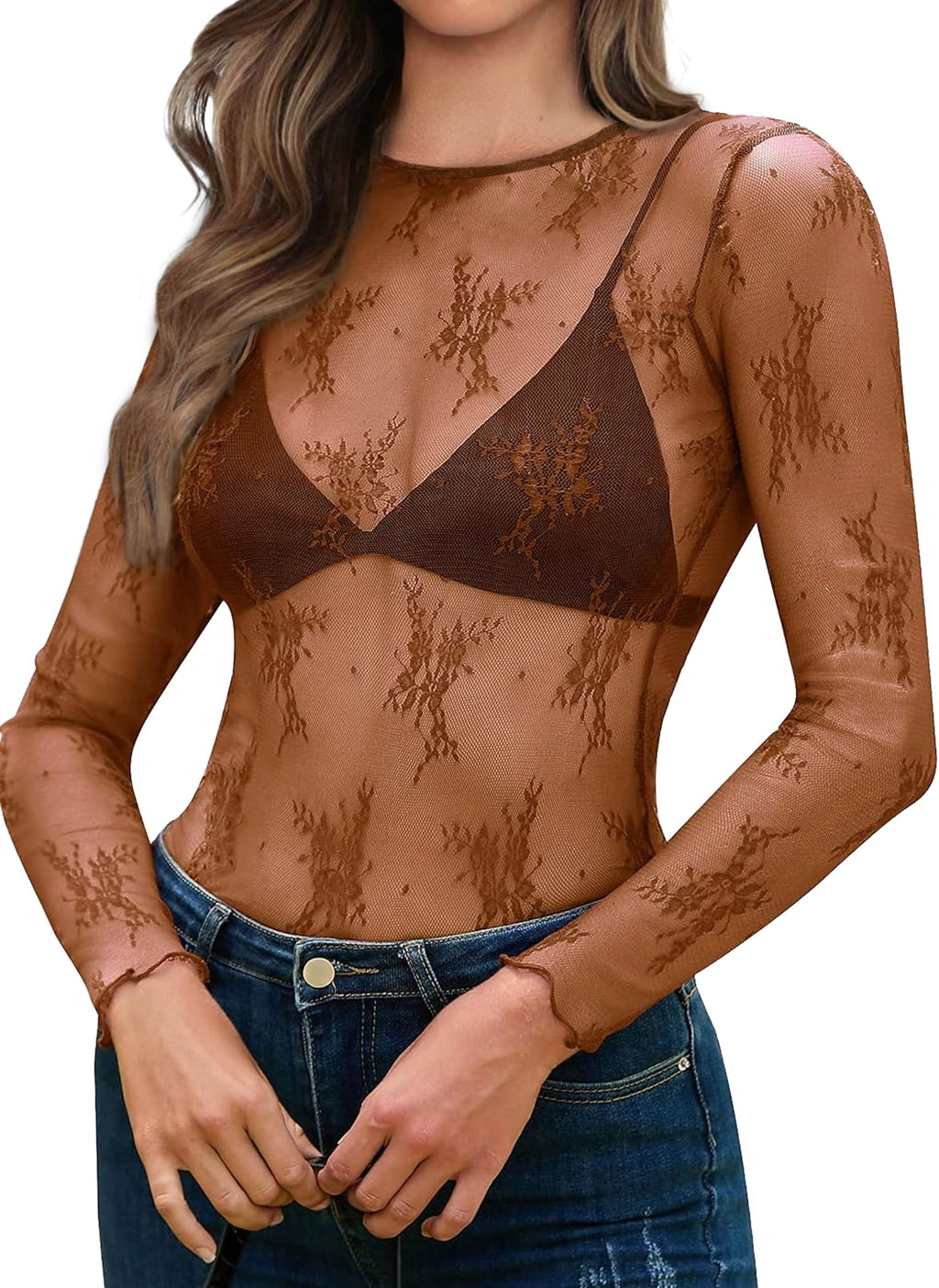OFEEFAN Womens Mesh Tops Lace Long Sleeve Shirts Crewneck Slim Fitted Outfits See Through Blouses