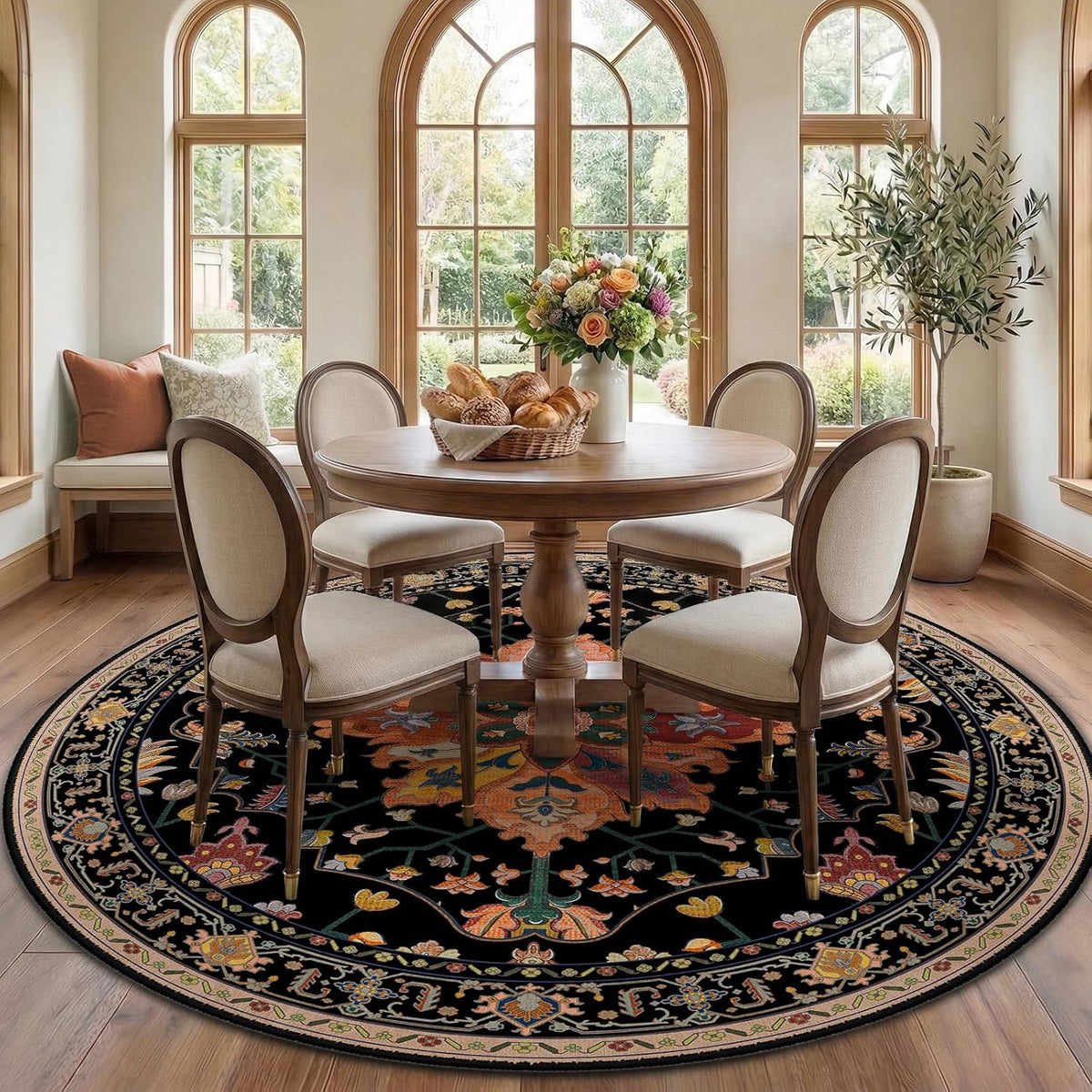 RELEANY Washable Area Rug, Round 10ft, Beige/Blue/Orange