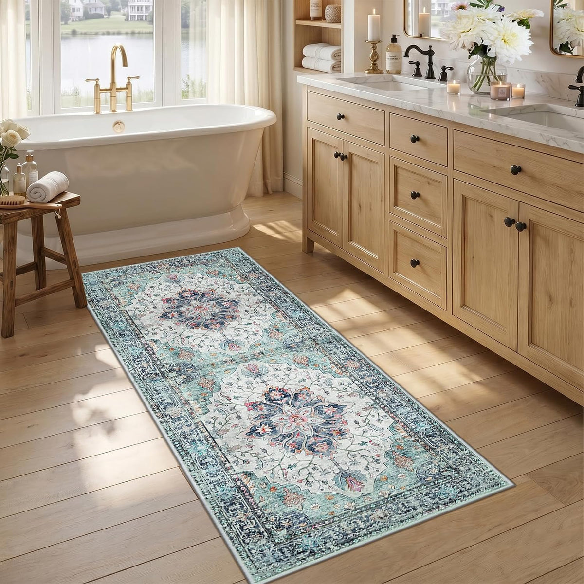RELEANY Washable Area Rug, Round 10ft, Beige/Blue/Orange