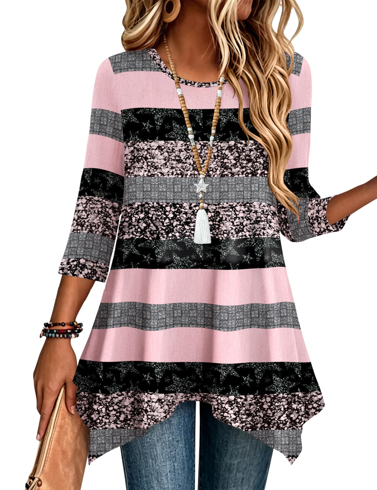 Zeagoo Womens Tops 3/4 Sleeve Loose Fit Dressy Tunics Plus Size Boho Shirts