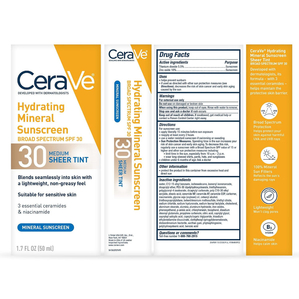 CeraVe Tinted Sunscreen for Face, Mineral SPF 30 Moisturizer, Medium, 1.7oz