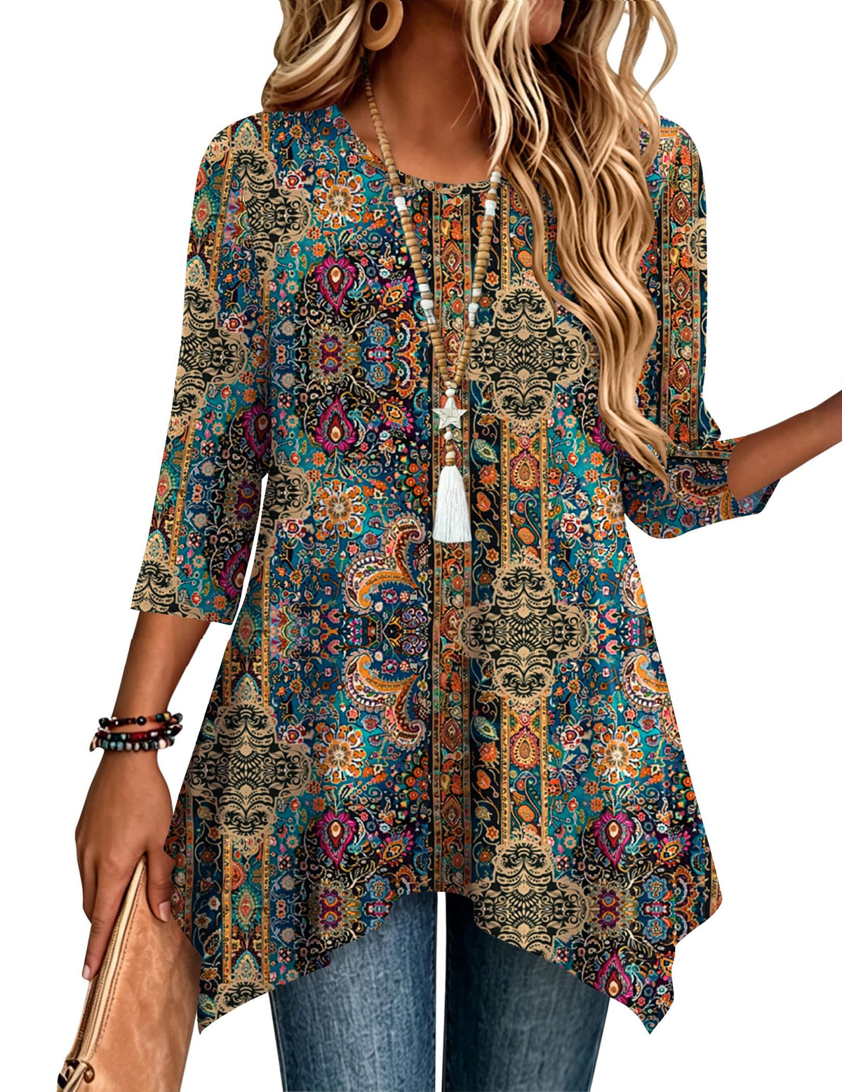 Zeagoo Womens Tops 3/4 Sleeve Loose Fit Dressy Tunics Plus Size Boho Shirts