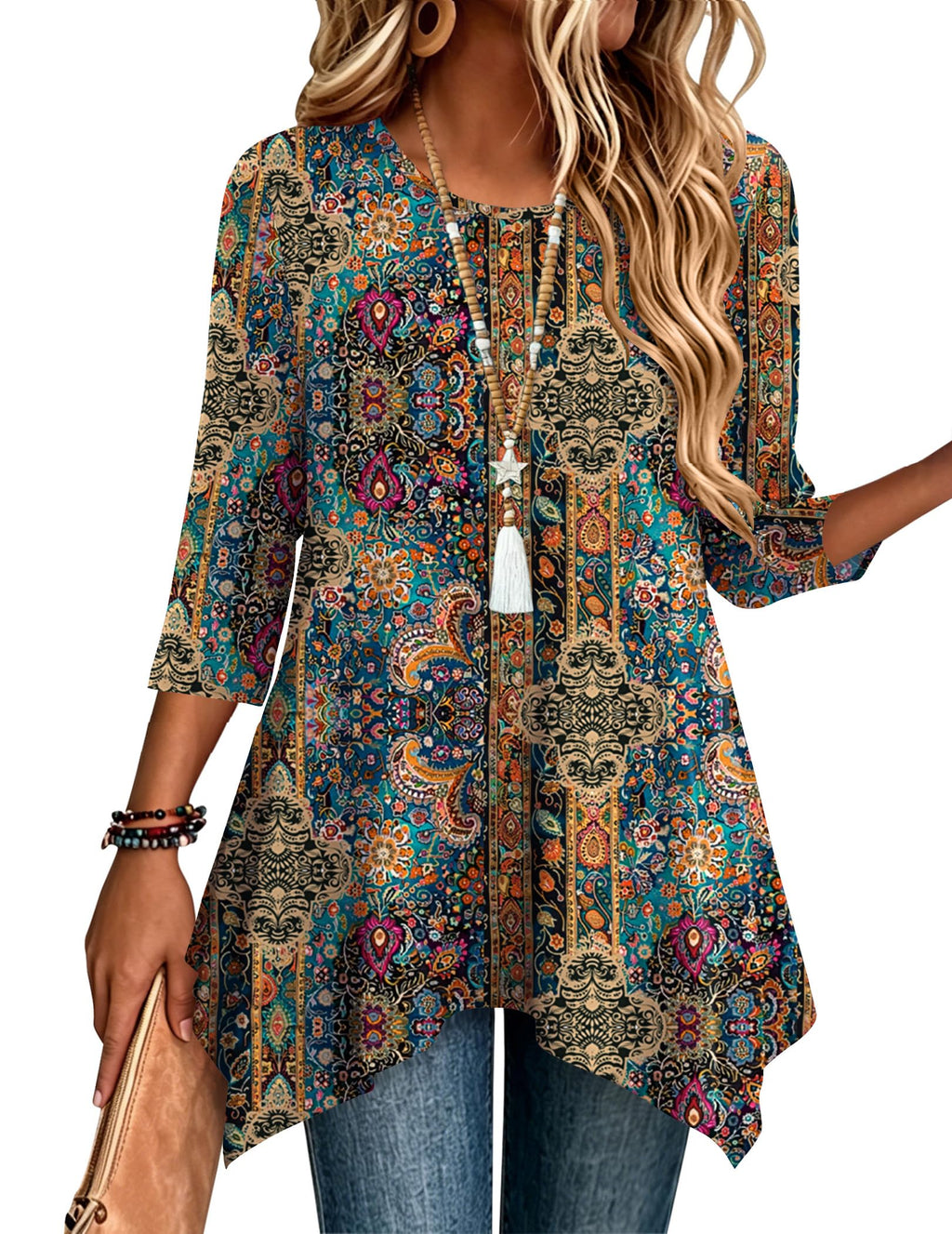 Zeagoo Womens Tops 3/4 Sleeve Loose Fit Dressy Tunics Plus Size Boho Shirts