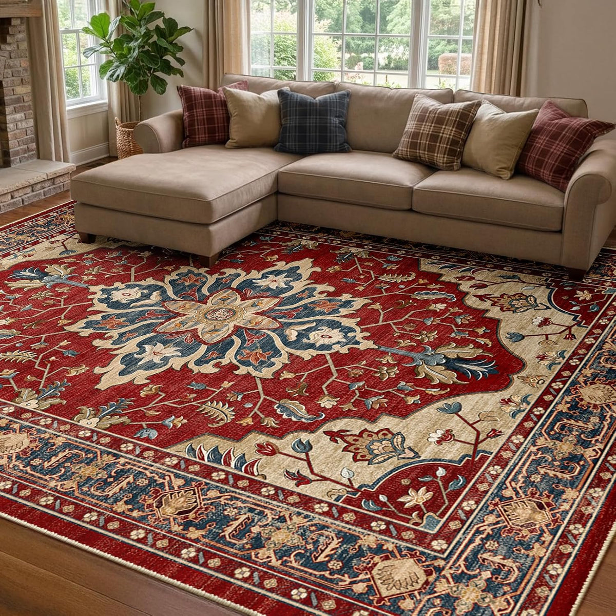 RELEANY Washable Area Rug, Round 10ft, Beige/Blue/Orange