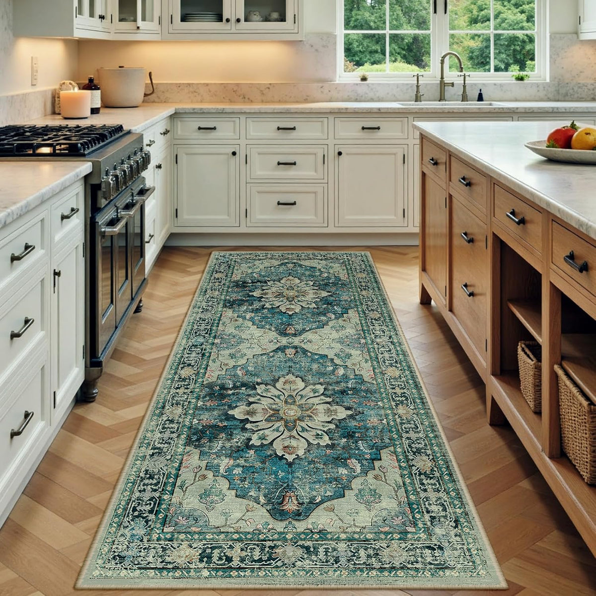 RELEANY Washable Area Rug, Round 10ft, Beige/Blue/Orange