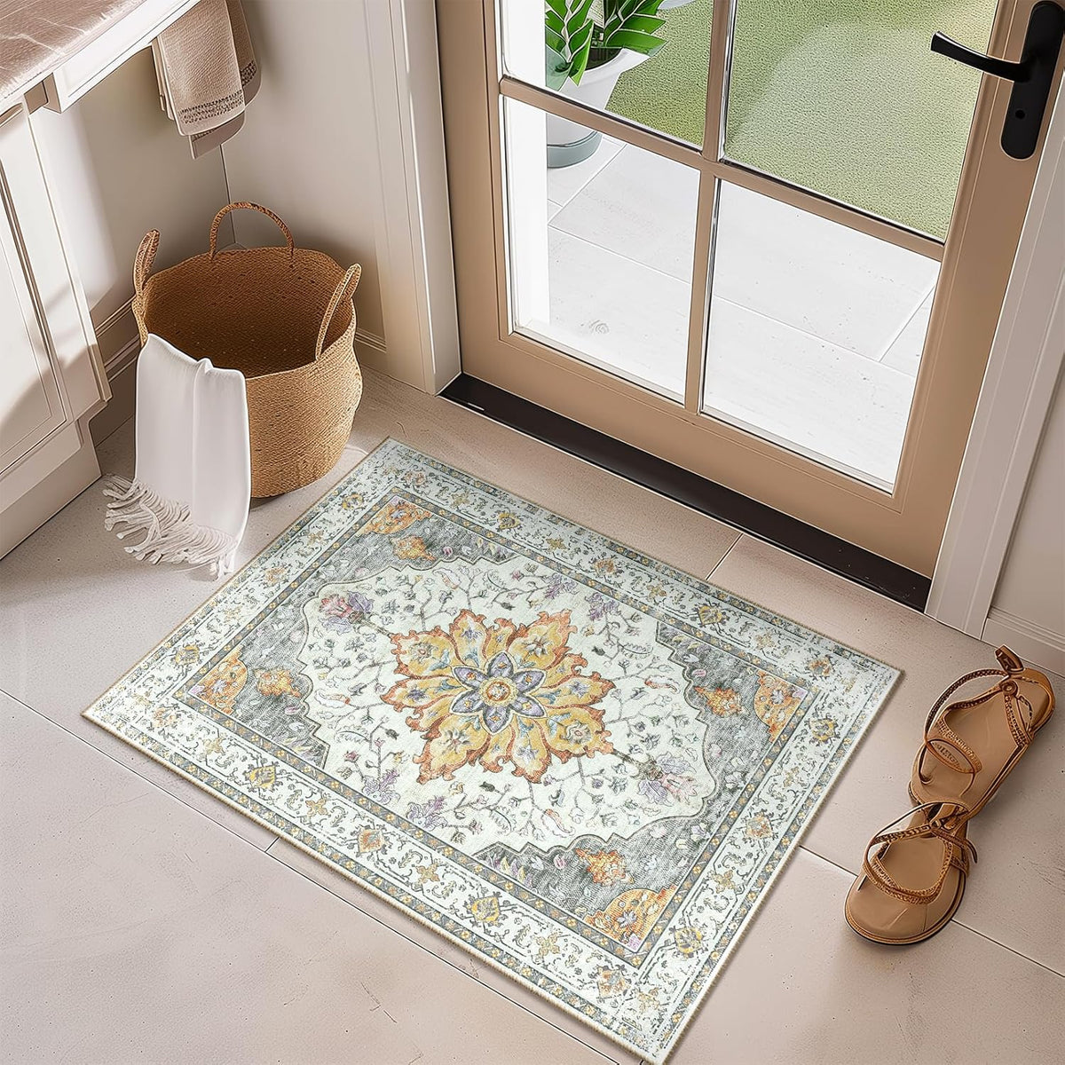 RELEANY Washable Area Rug, Round 10ft, Beige/Blue/Orange