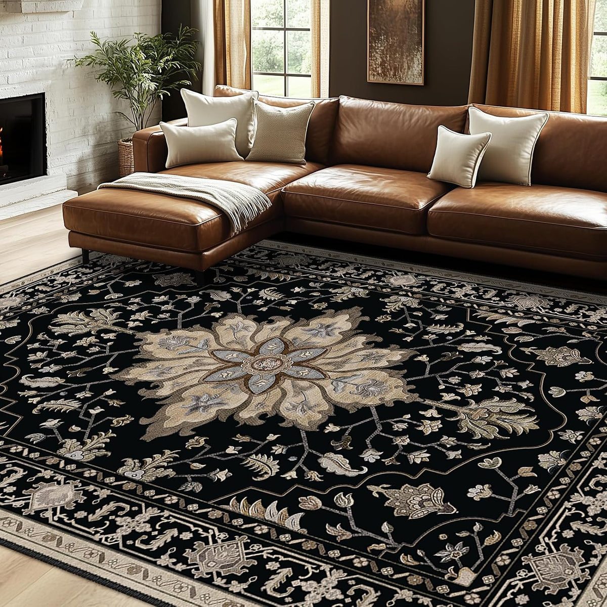 RELEANY Washable Area Rug, Round 10ft, Beige/Blue/Orange