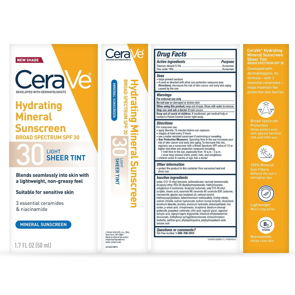 CeraVe Tinted Sunscreen for Face, Mineral SPF 30 Moisturizer, Medium, 1.7oz