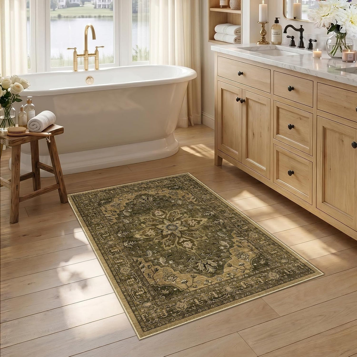 RELEANY Washable Area Rug, Round 10ft, Beige/Blue/Orange