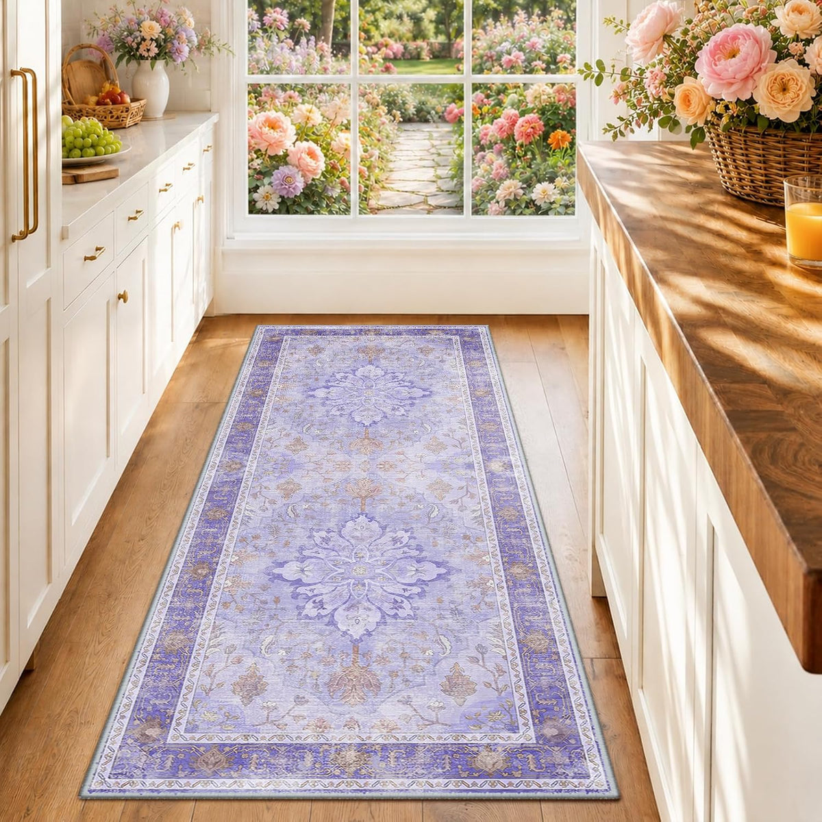 RELEANY Washable Area Rug, Round 10ft, Beige/Blue/Orange
