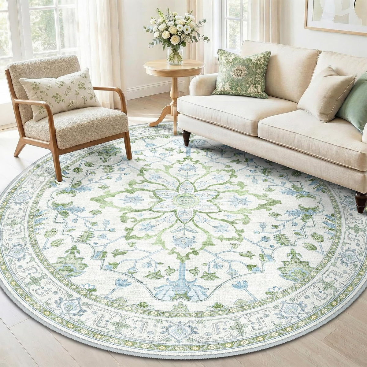 RELEANY Washable Area Rug, Round 10ft, Beige/Blue/Orange