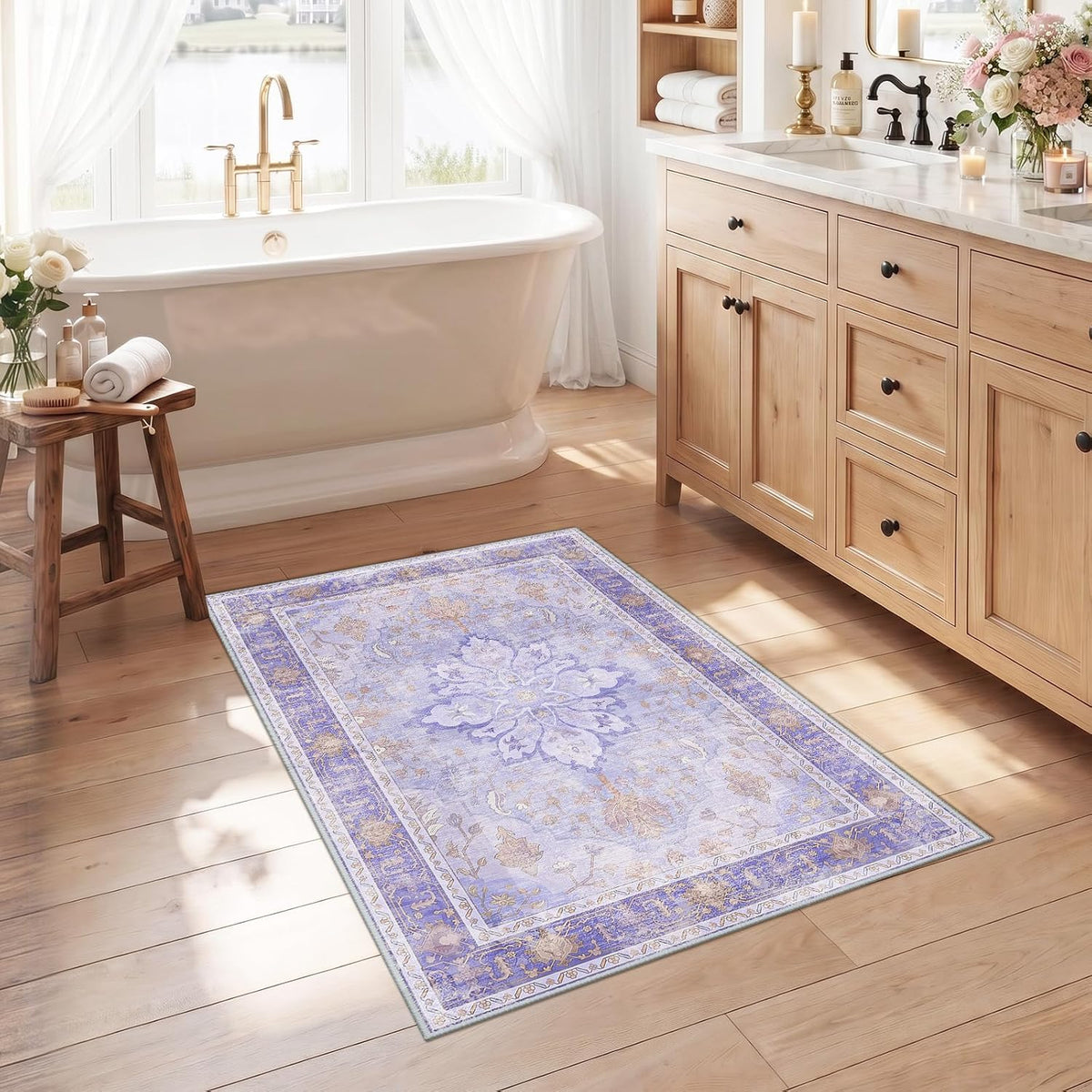 RELEANY Washable Area Rug, Round 10ft, Beige/Blue/Orange