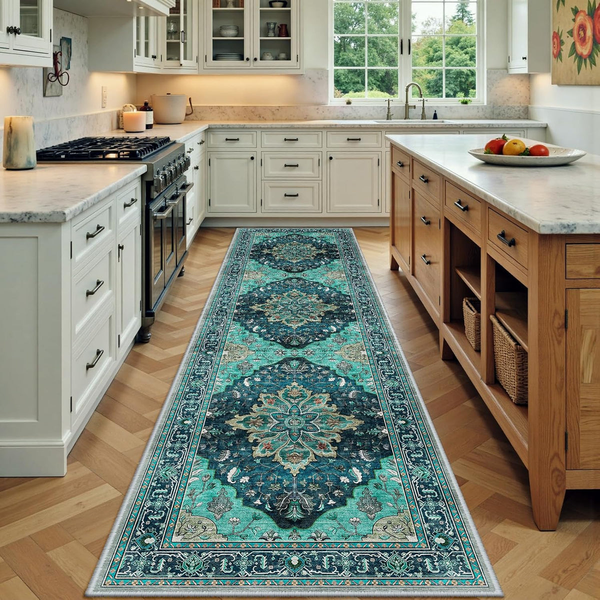 RELEANY Washable Area Rug, Round 10ft, Beige/Blue/Orange