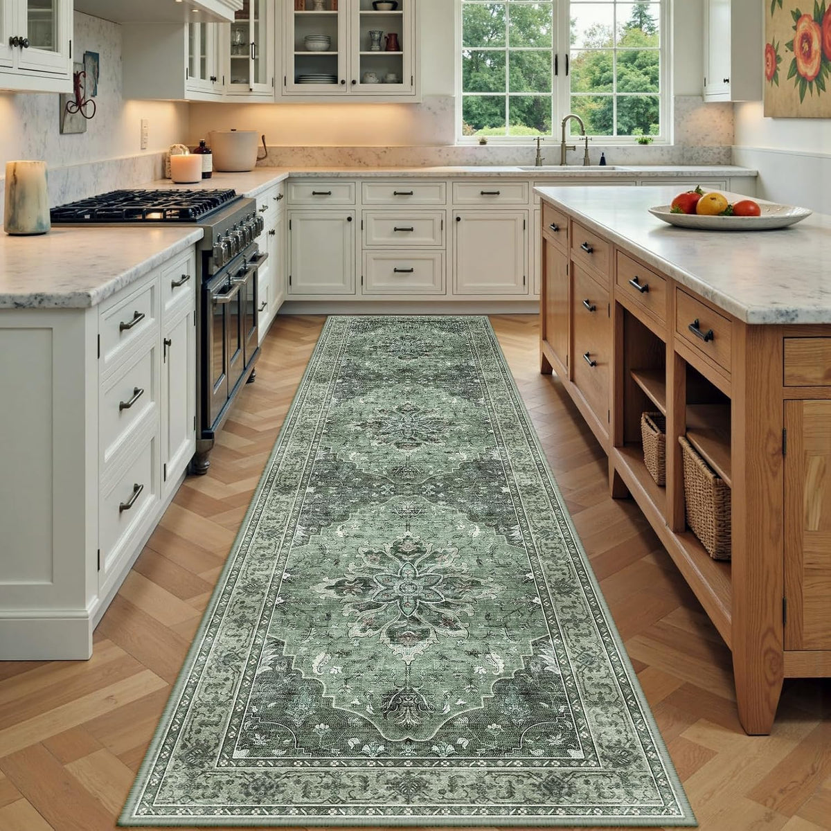 RELEANY Washable Area Rug, Round 10ft, Beige/Blue/Orange
