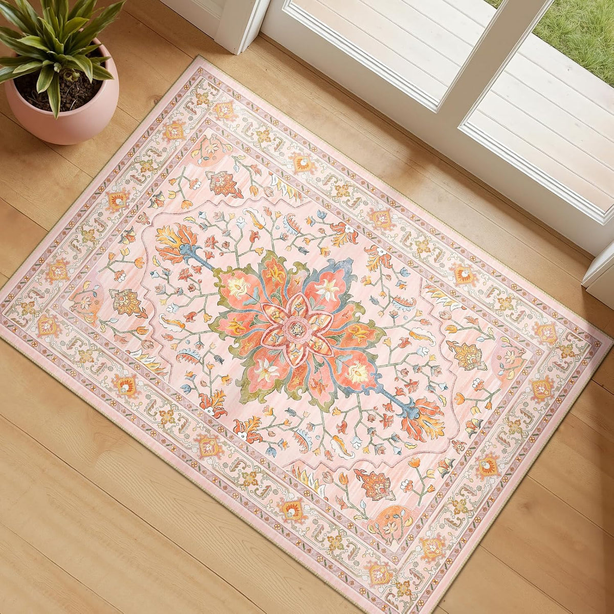 RELEANY Washable Area Rug, Round 10ft, Beige/Blue/Orange
