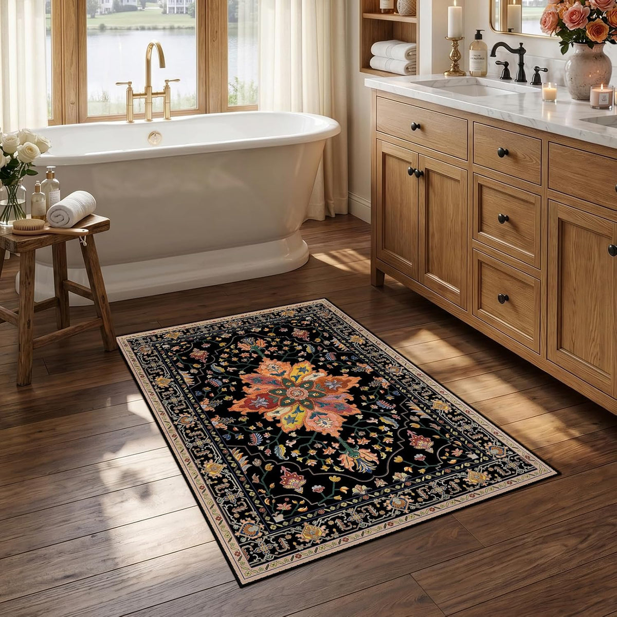 RELEANY Washable Area Rug, Round 10ft, Beige/Blue/Orange