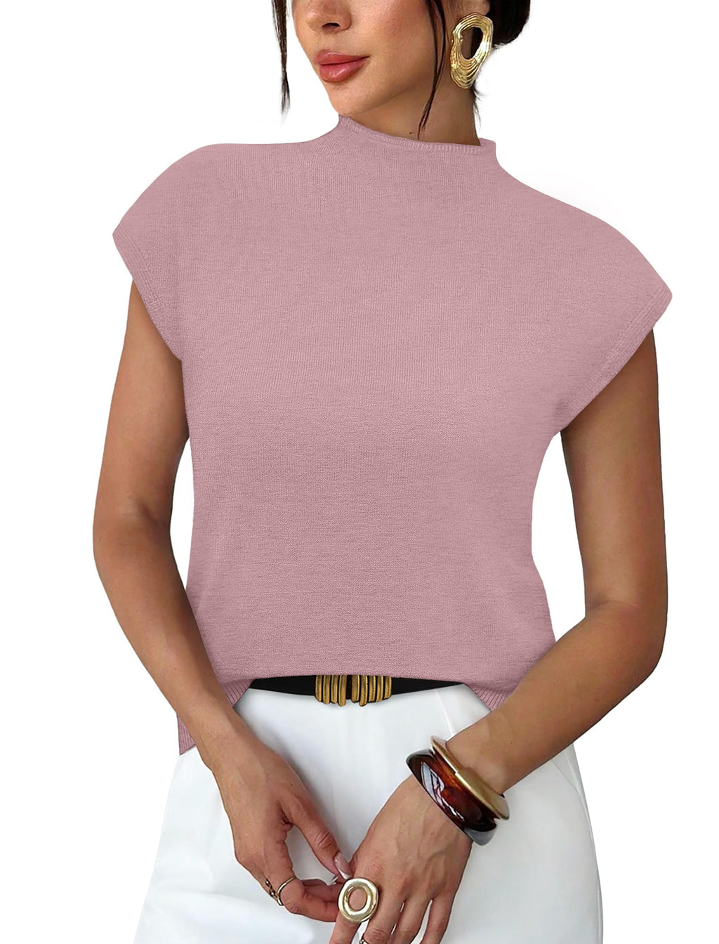 Sampeel Womens Short Sleeve Sweater Mock Neck Summer Top Dressy Casual Basic Knit Pullover Shirt