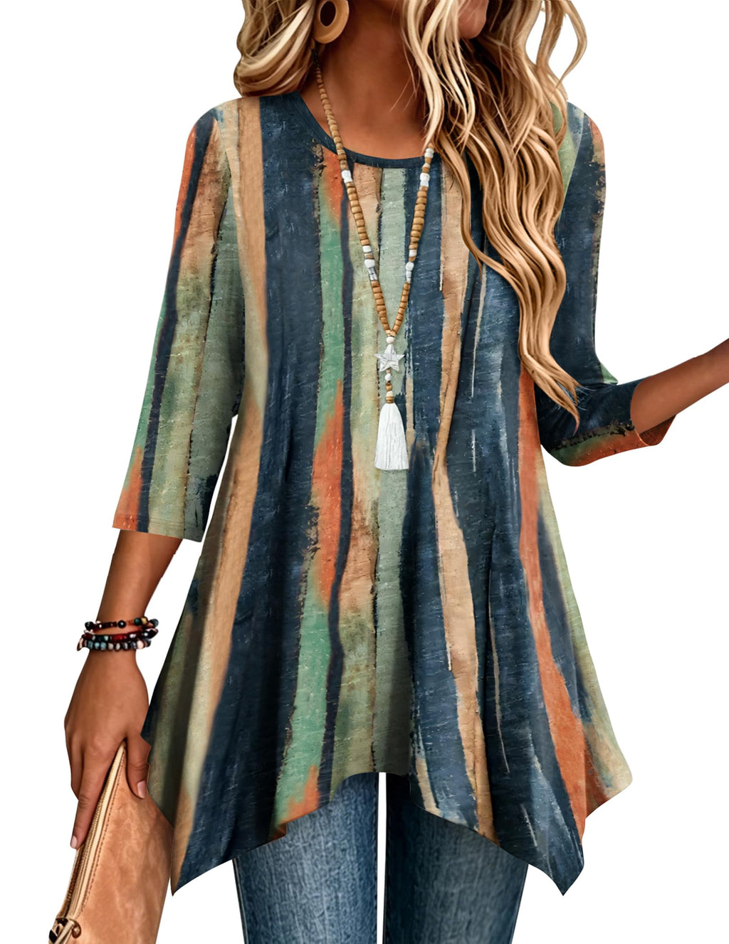 Zeagoo Womens Tops 3/4 Sleeve Loose Fit Dressy Tunics Plus Size Boho Shirts