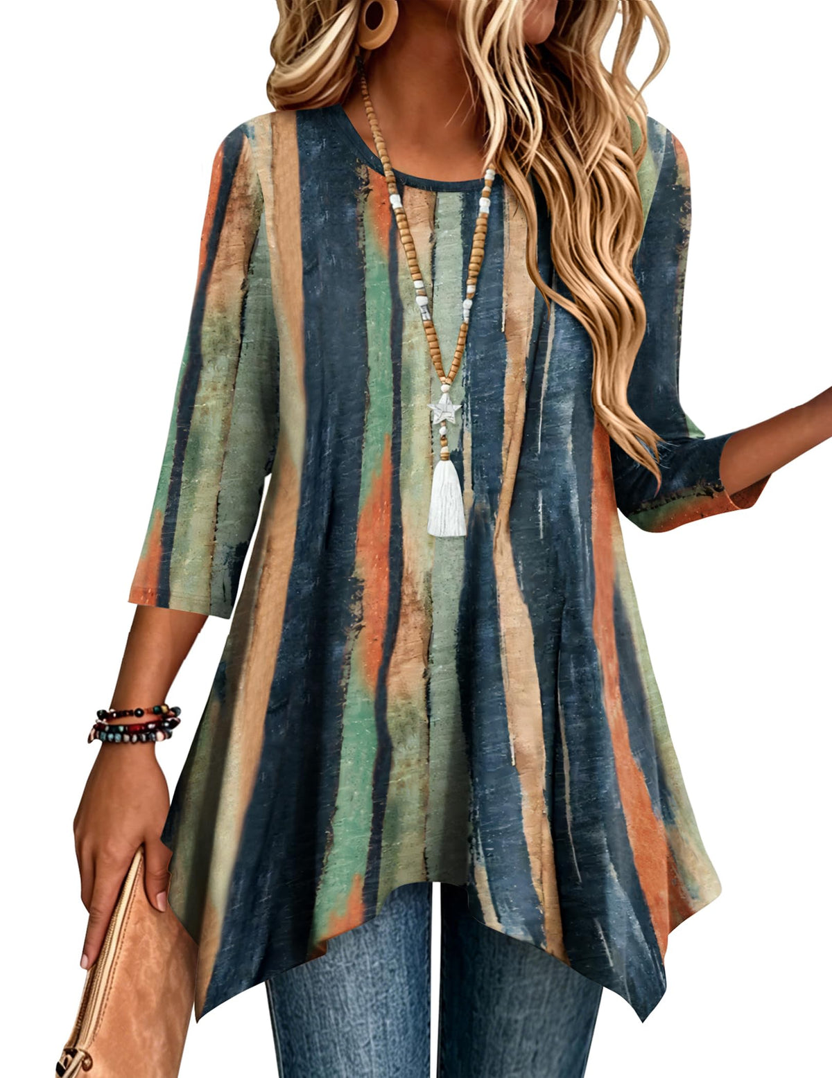 Zeagoo Womens Tops 3/4 Sleeve Loose Fit Dressy Tunics Plus Size Boho Shirts