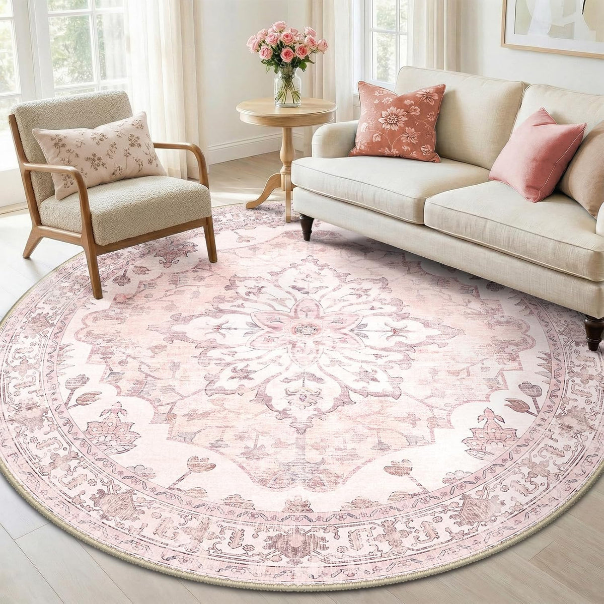 RELEANY Washable Area Rug, Round 10ft, Beige/Blue/Orange