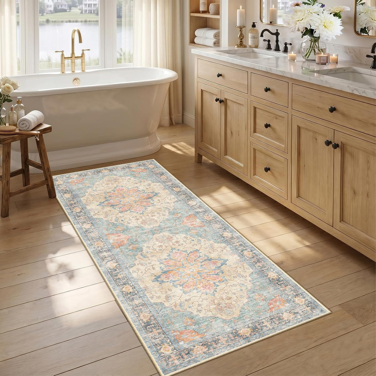RELEANY Washable Area Rug, Round 10ft, Beige/Blue/Orange