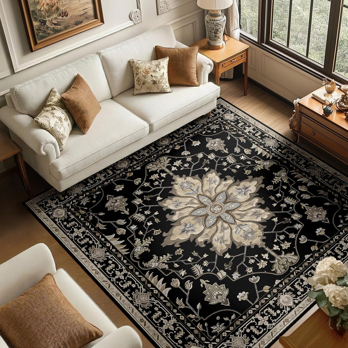 RELEANY Washable Area Rug, Round 10ft, Beige/Blue/Orange