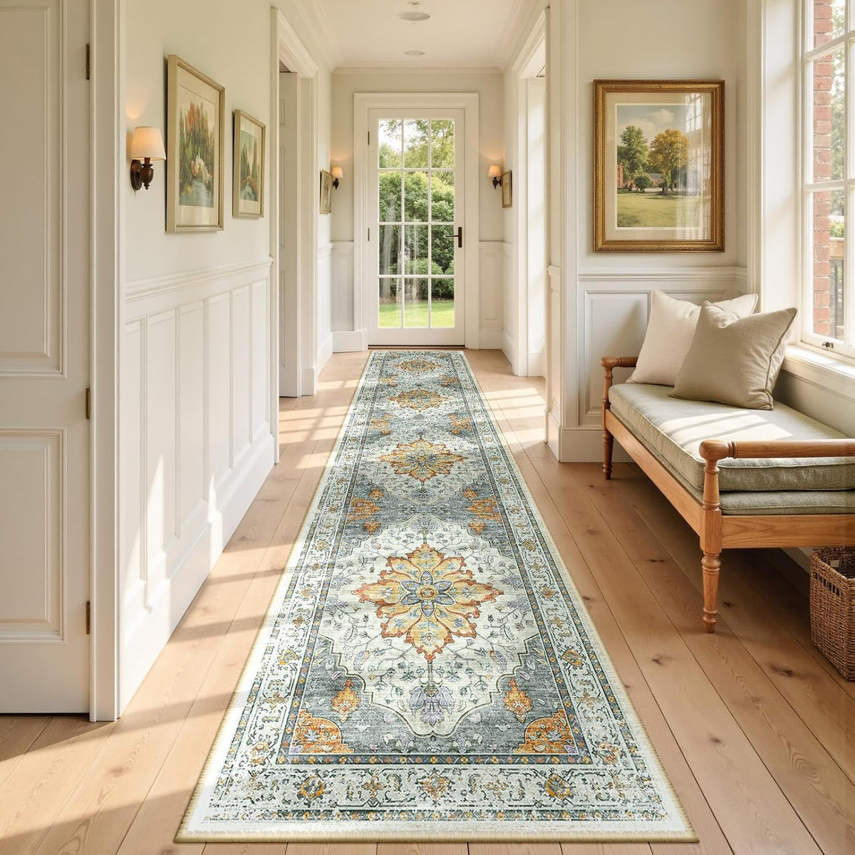 RELEANY Washable Area Rug, Round 10ft, Beige/Blue/Orange