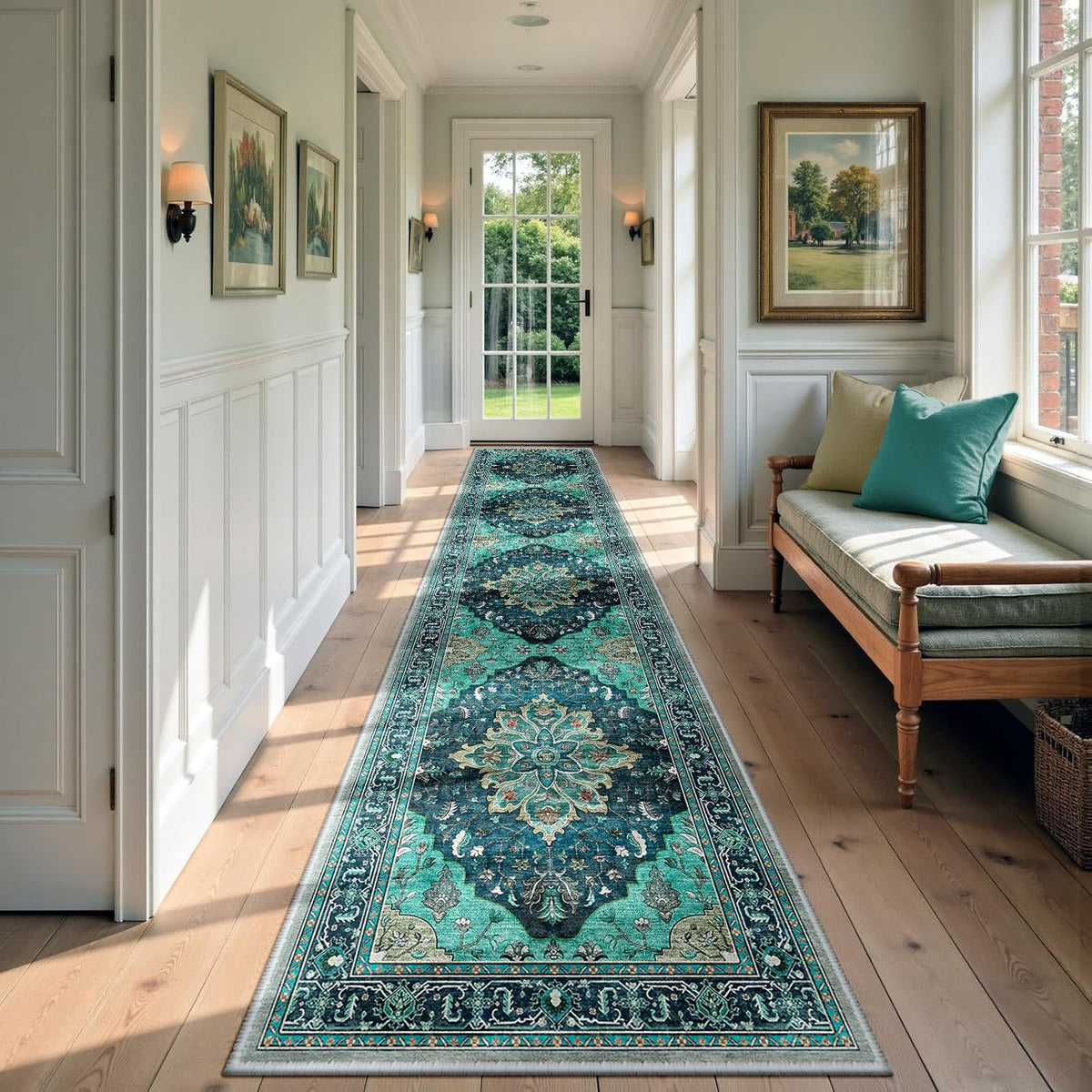 RELEANY Washable Area Rug, Round 10ft, Beige/Blue/Orange