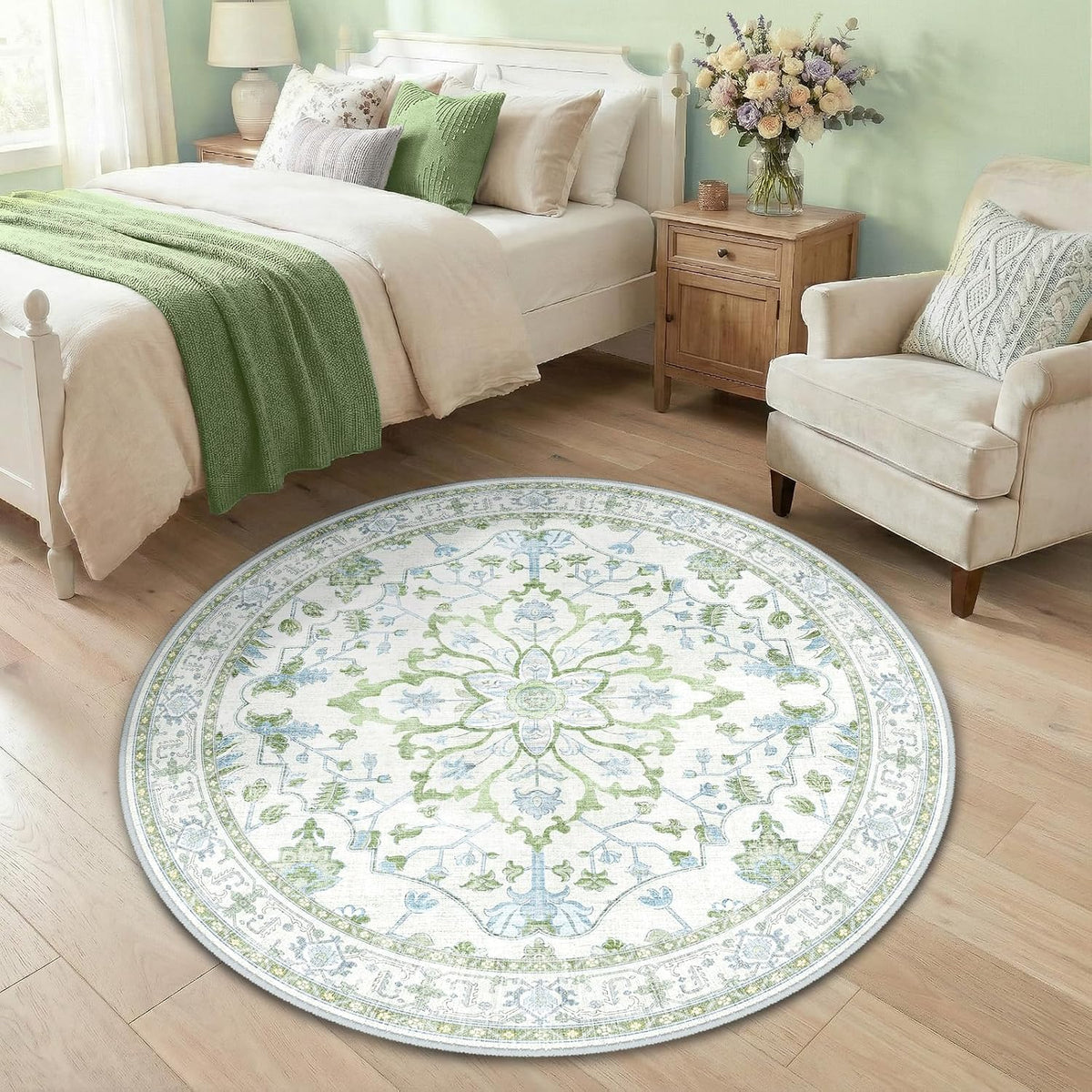 RELEANY Washable Area Rug, Round 10ft, Beige/Blue/Orange