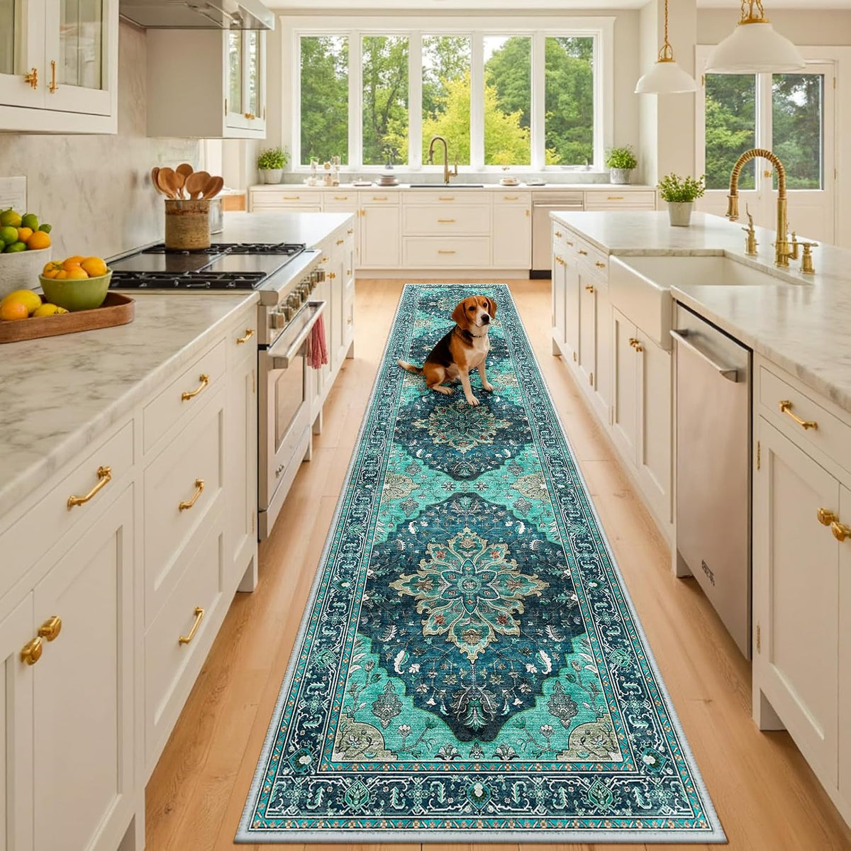 RELEANY Washable Area Rug, Round 10ft, Beige/Blue/Orange
