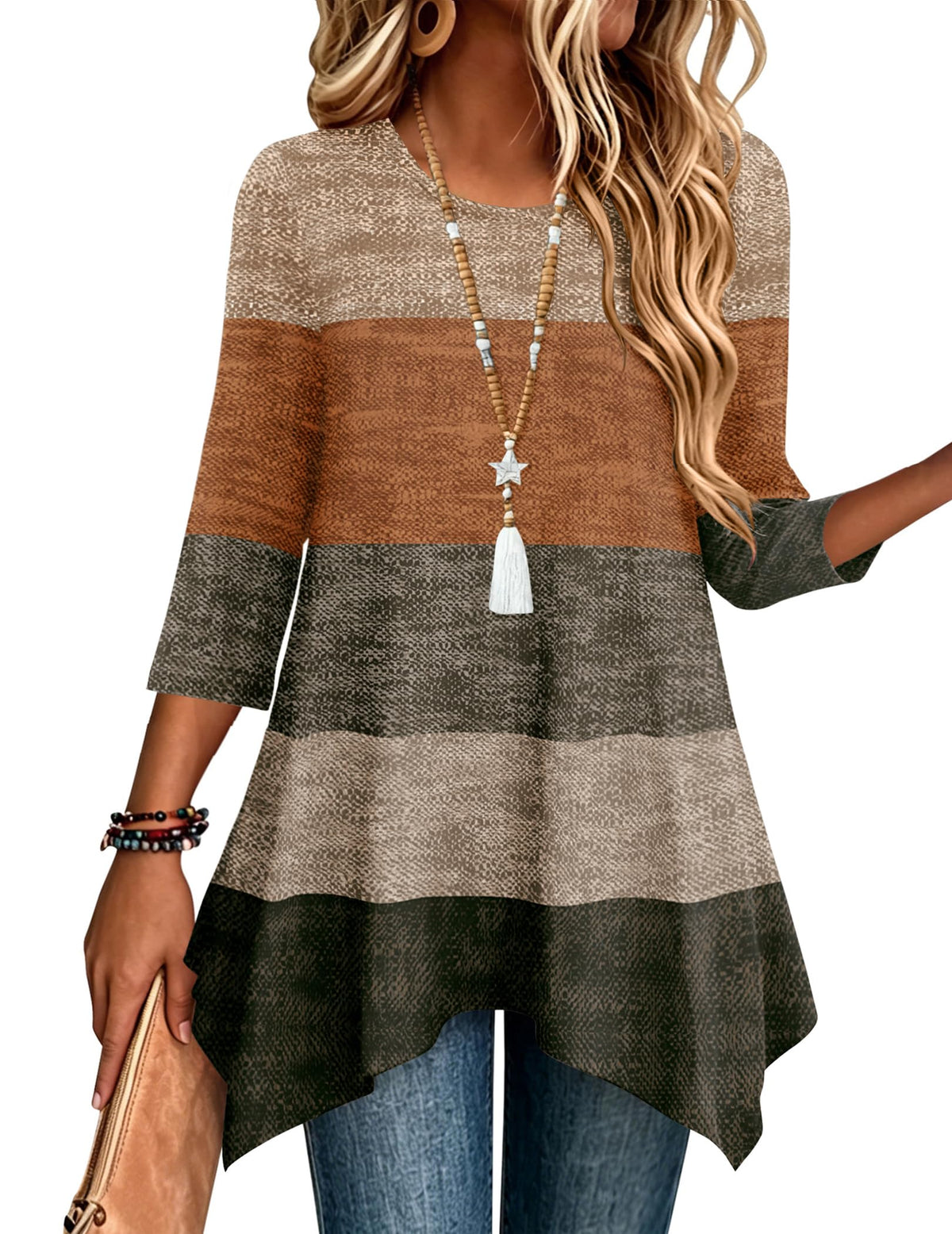 Zeagoo Womens Tops 3/4 Sleeve Loose Fit Dressy Tunics Plus Size Boho Shirts