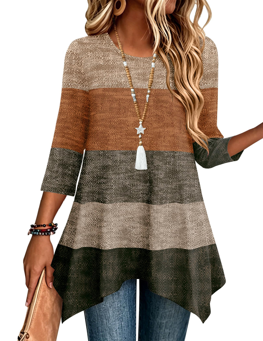 Zeagoo Womens Tops 3/4 Sleeve Loose Fit Dressy Tunics Plus Size Boho Shirts