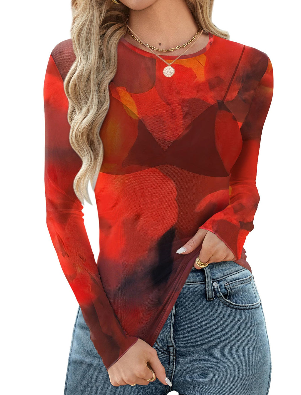 OFEEFAN Womens Mesh Tops Lace Long Sleeve Shirts Crewneck Slim Fitted Outfits See Through Blouses