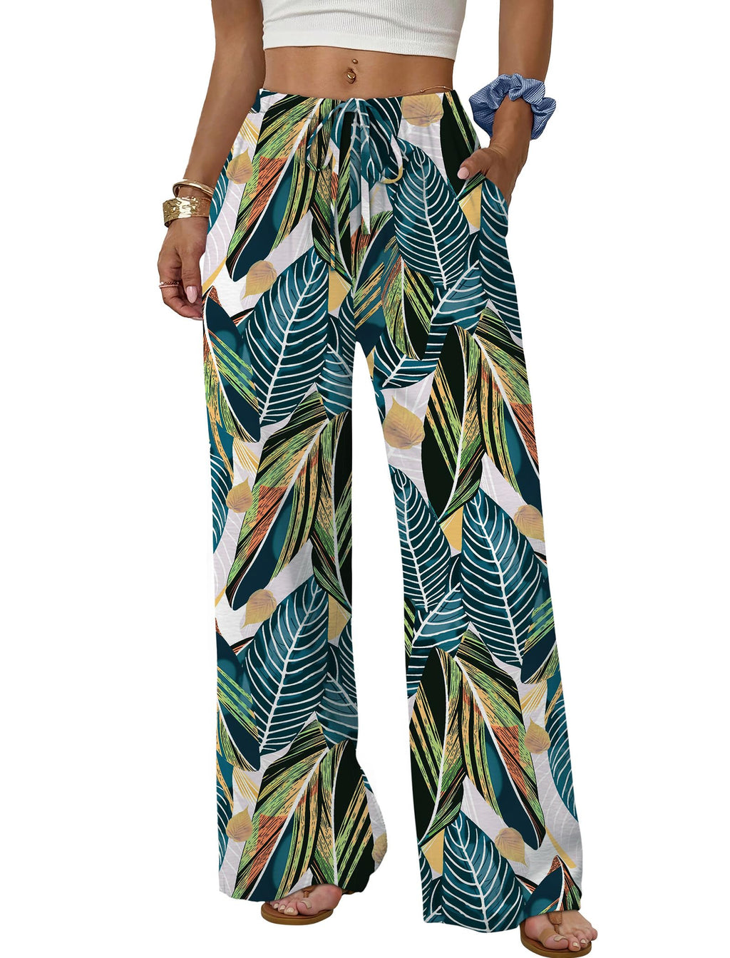 Sampeel Wide Leg Pants for Women Flowy Palazzo Drawstring Elastic Waist Trousers with Pockets Summer Beach Vacation Clothes