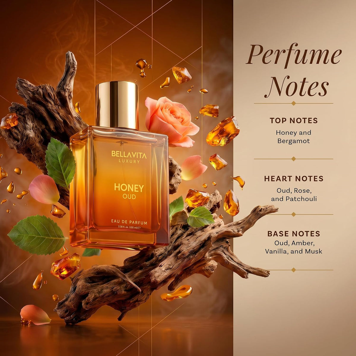 Bellavita Luxury Honey Oud Eau de Parfum | 100 ml (3.4 fl.oz.) | Perfume for Men and Women | Sweet Honey, Bergamot, Oud, and Amber Notes