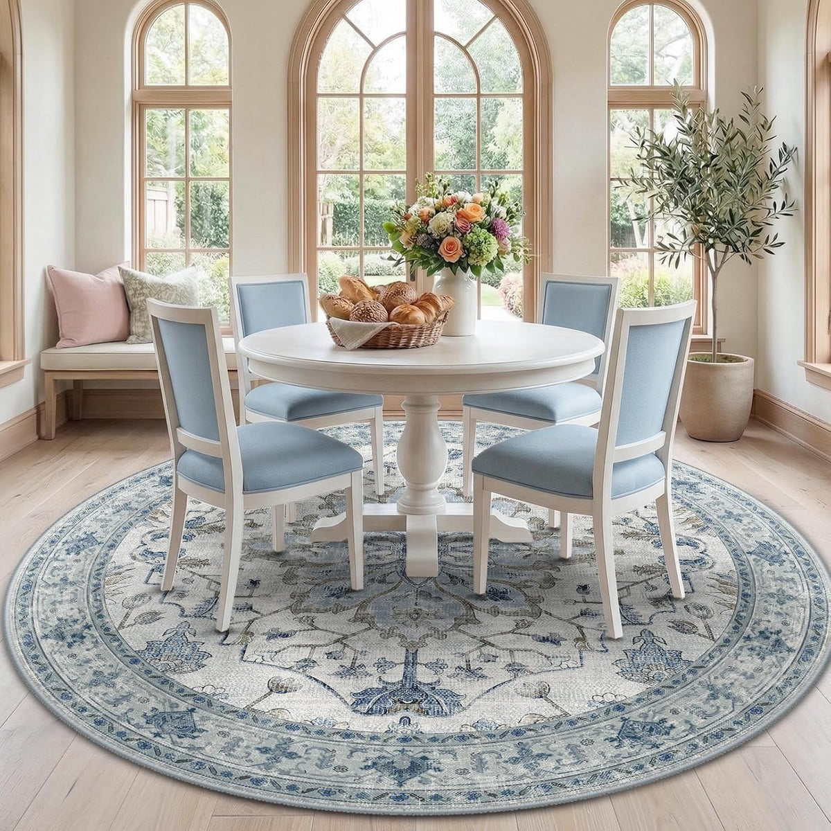 RELEANY Washable Area Rug, Round 10ft, Beige/Blue/Orange