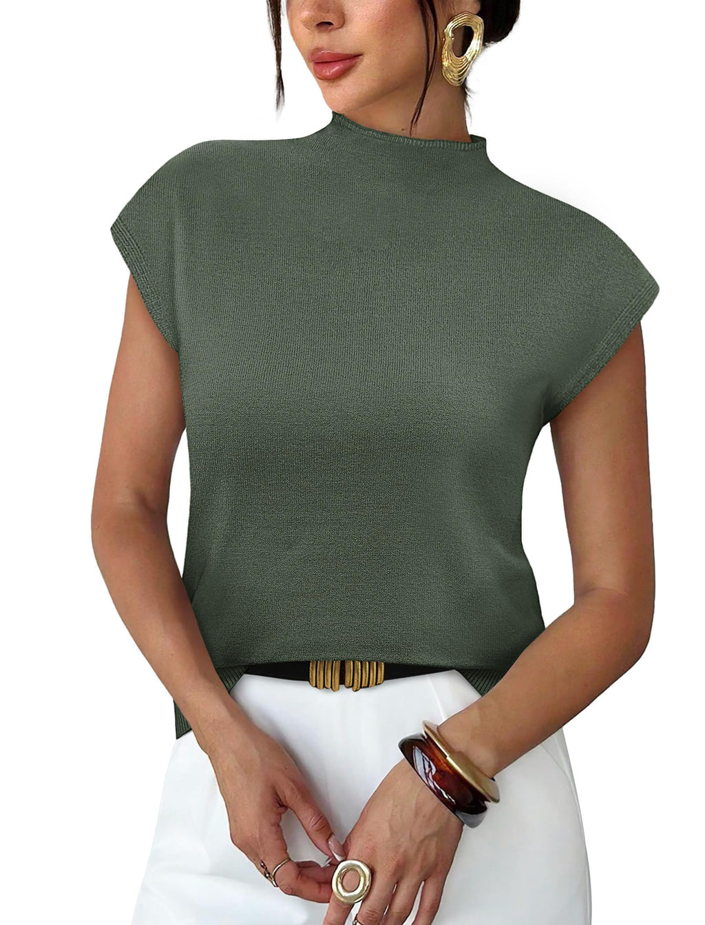 Sampeel Womens Short Sleeve Sweater Mock Neck Summer Top Dressy Casual Basic Knit Pullover Shirt