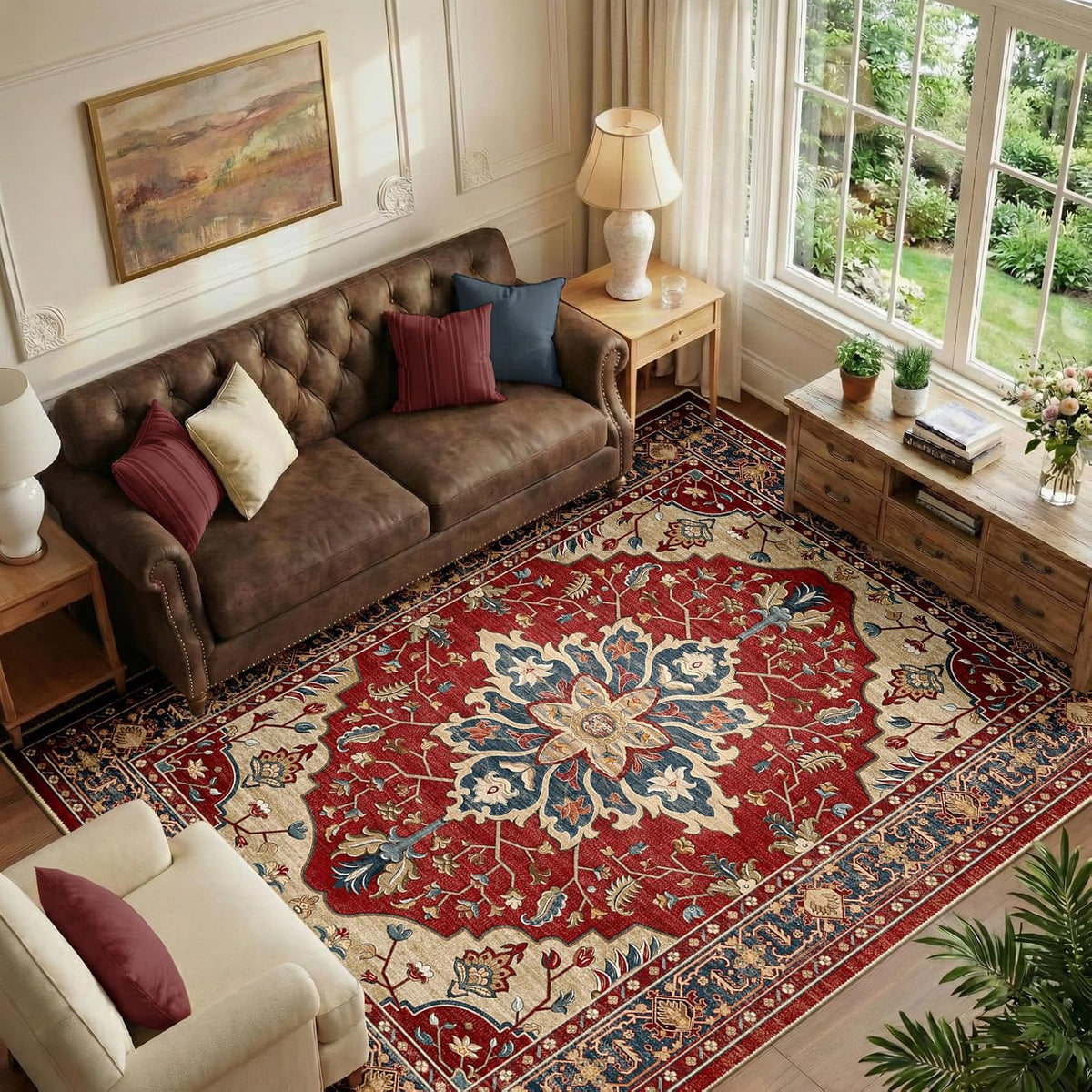 RELEANY Washable Area Rug, Round 10ft, Beige/Blue/Orange