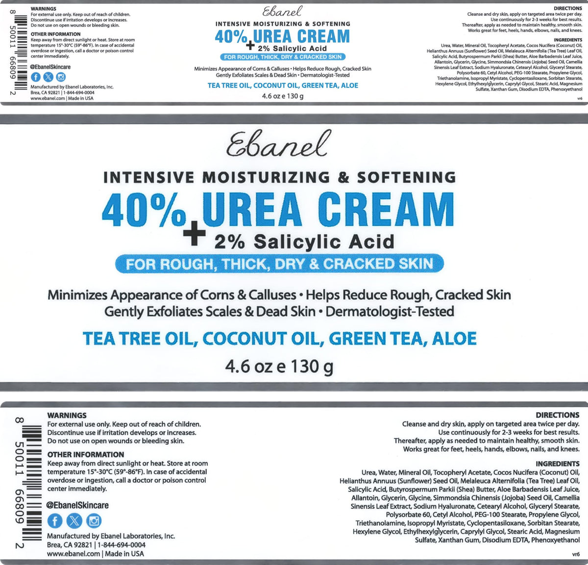Ebanel Urea Cream 40% plus Salicylic Acid 2% for Dry Cracked Feet Skin