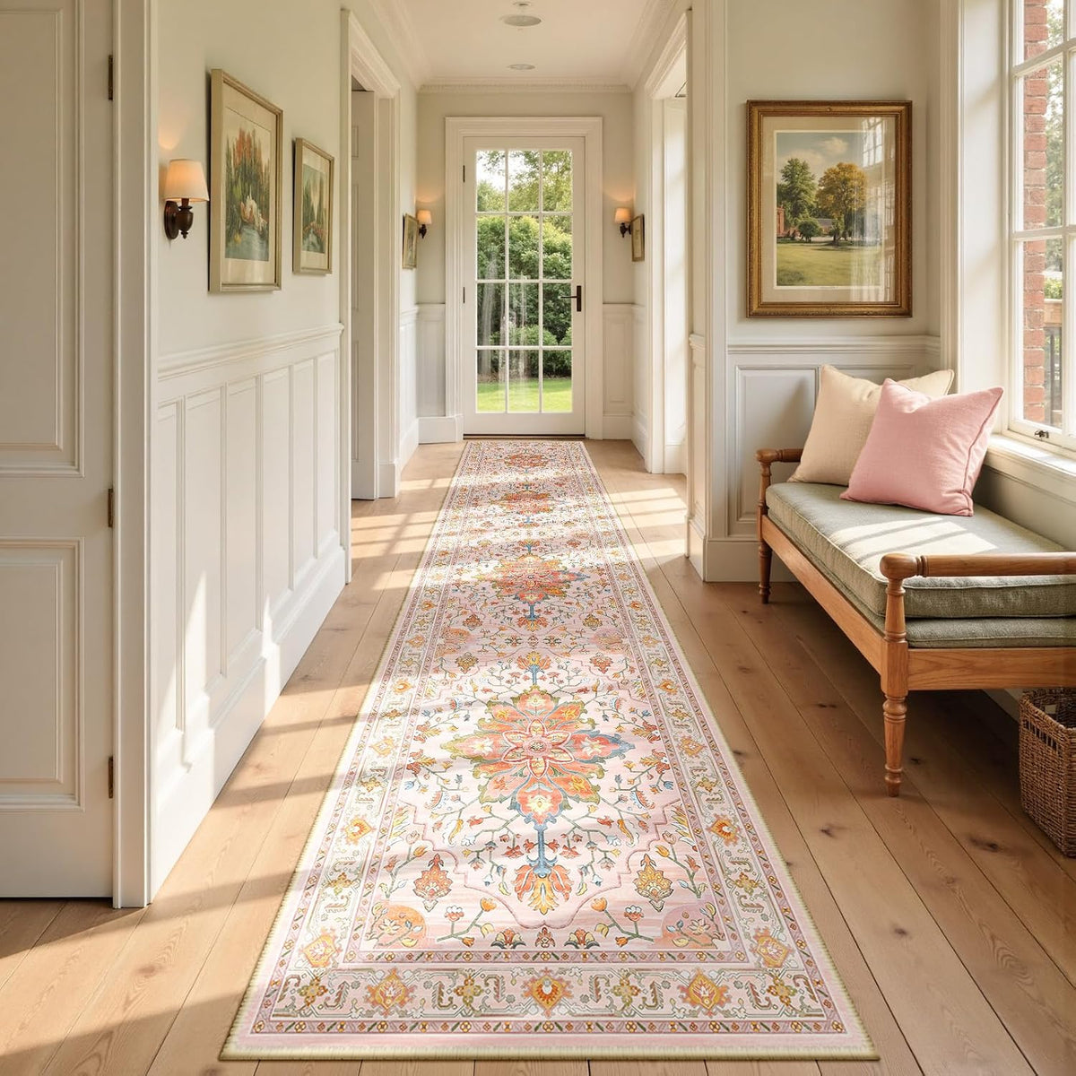RELEANY Washable Area Rug, Round 10ft, Beige/Blue/Orange