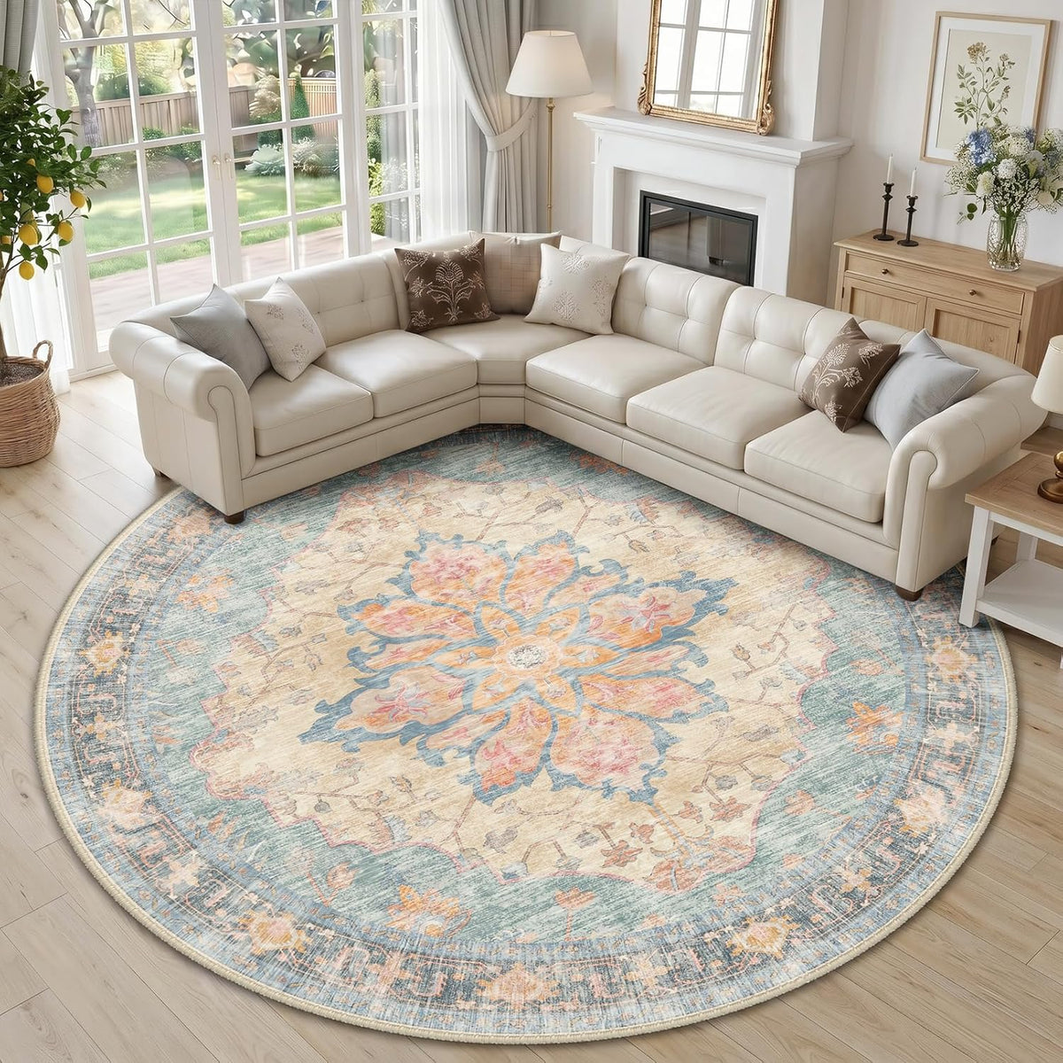 RELEANY Washable Area Rug, Round 10ft, Beige/Blue/Orange