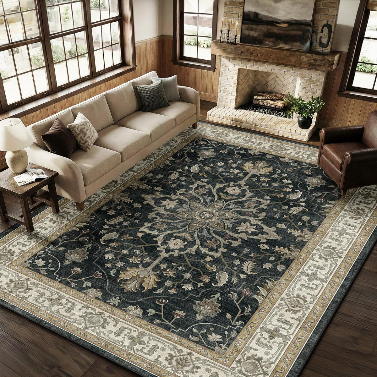 RELEANY Washable Area Rug, Round 10ft, Beige/Blue/Orange