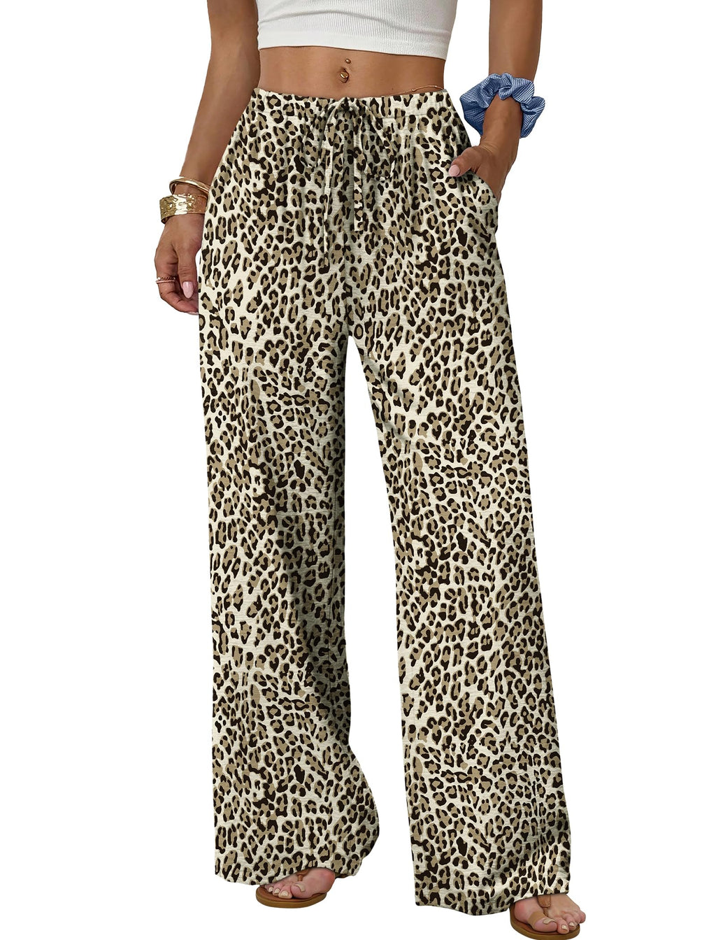 Sampeel Wide Leg Pants for Women Flowy Palazzo Drawstring Elastic Waist Trousers with Pockets Summer Beach Vacation Clothes